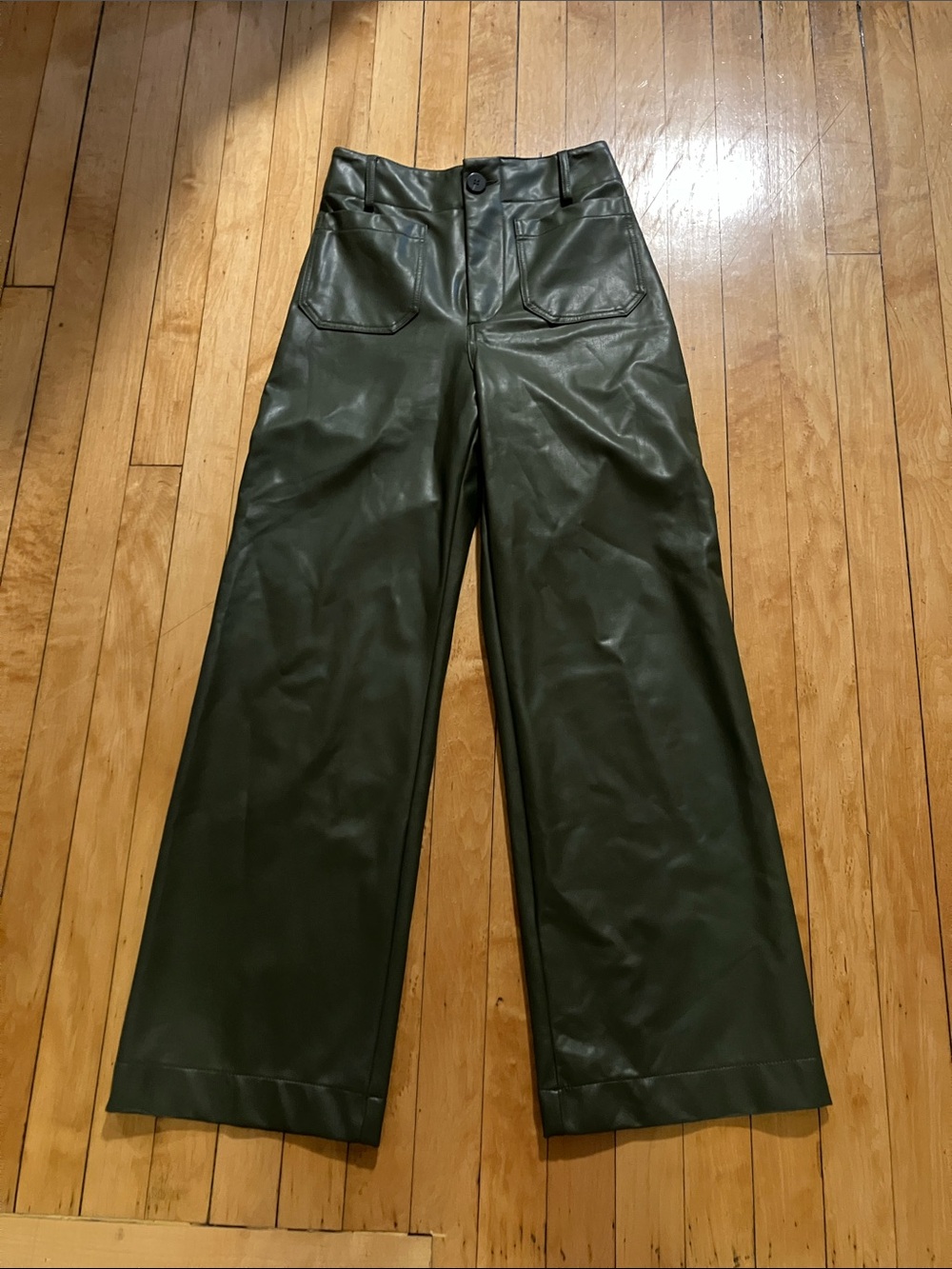 Maeve Colette Wide Leg Faux Cegan Leather Olive Green Cropped Pants 26 Tall - Picture 2 of 11